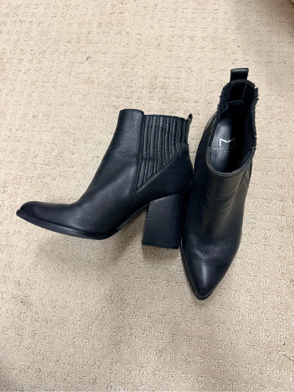 Marc Fisher Black Leather Pointed Toe Block Heel Ankle Boots